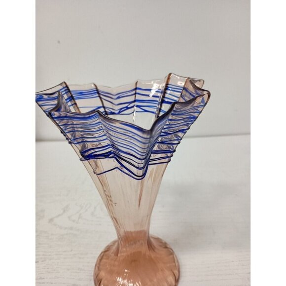 VTG Bohemian Hand Blown Art Glass Vase Pink Blue Flare Rim MCM Czechoslovakia - Picture 6 of 11